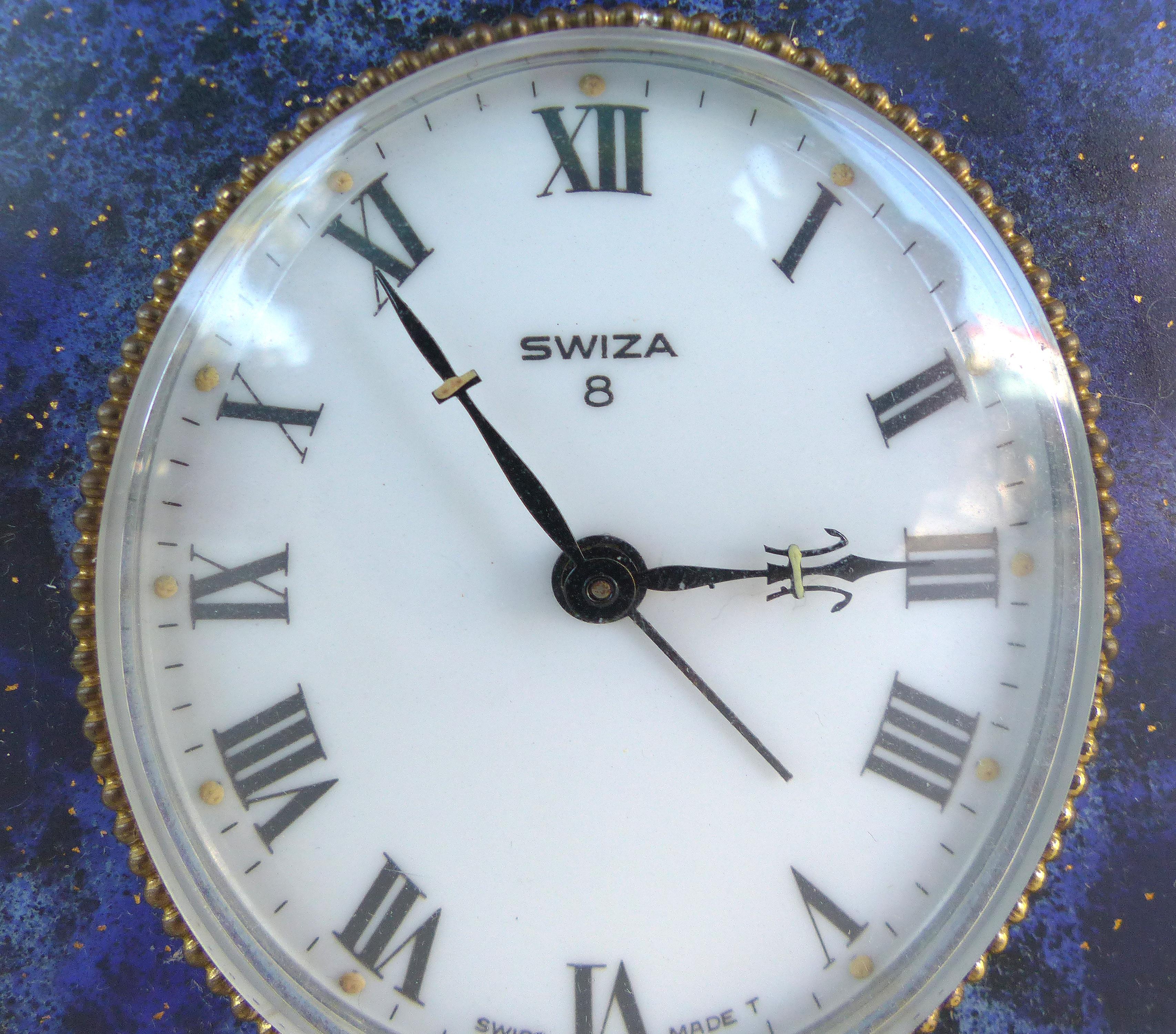 Mid-Century Modern Swiza 8 Swiss Made Lapis Lazuli & Brass Winding Carriage Clock