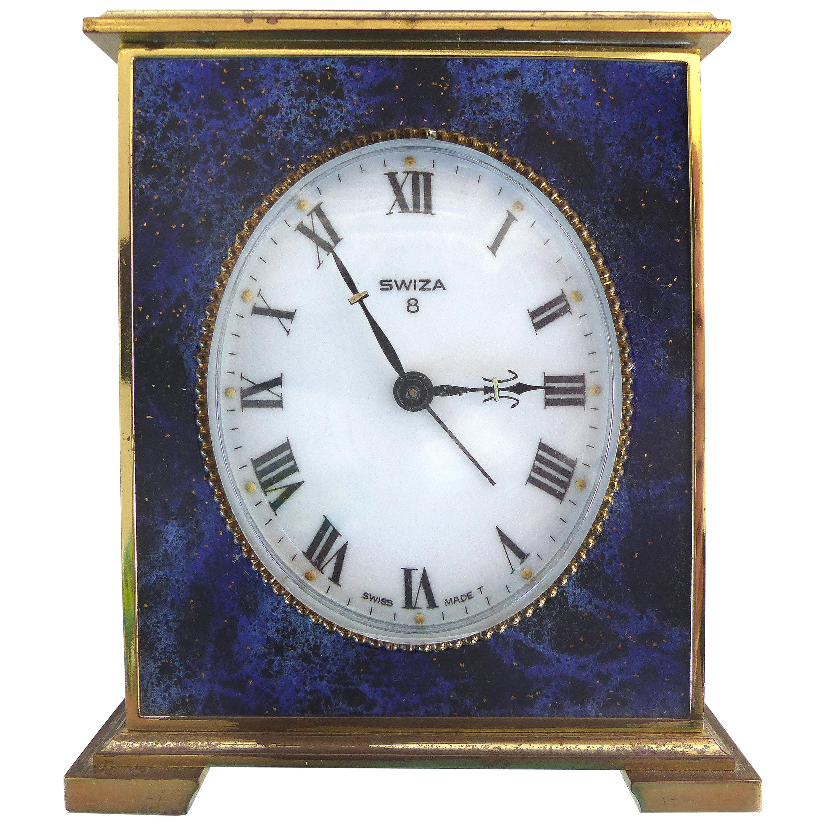 Swiza 8 Swiss Made Lapis Lazuli & Brass Winding Carriage Clock
