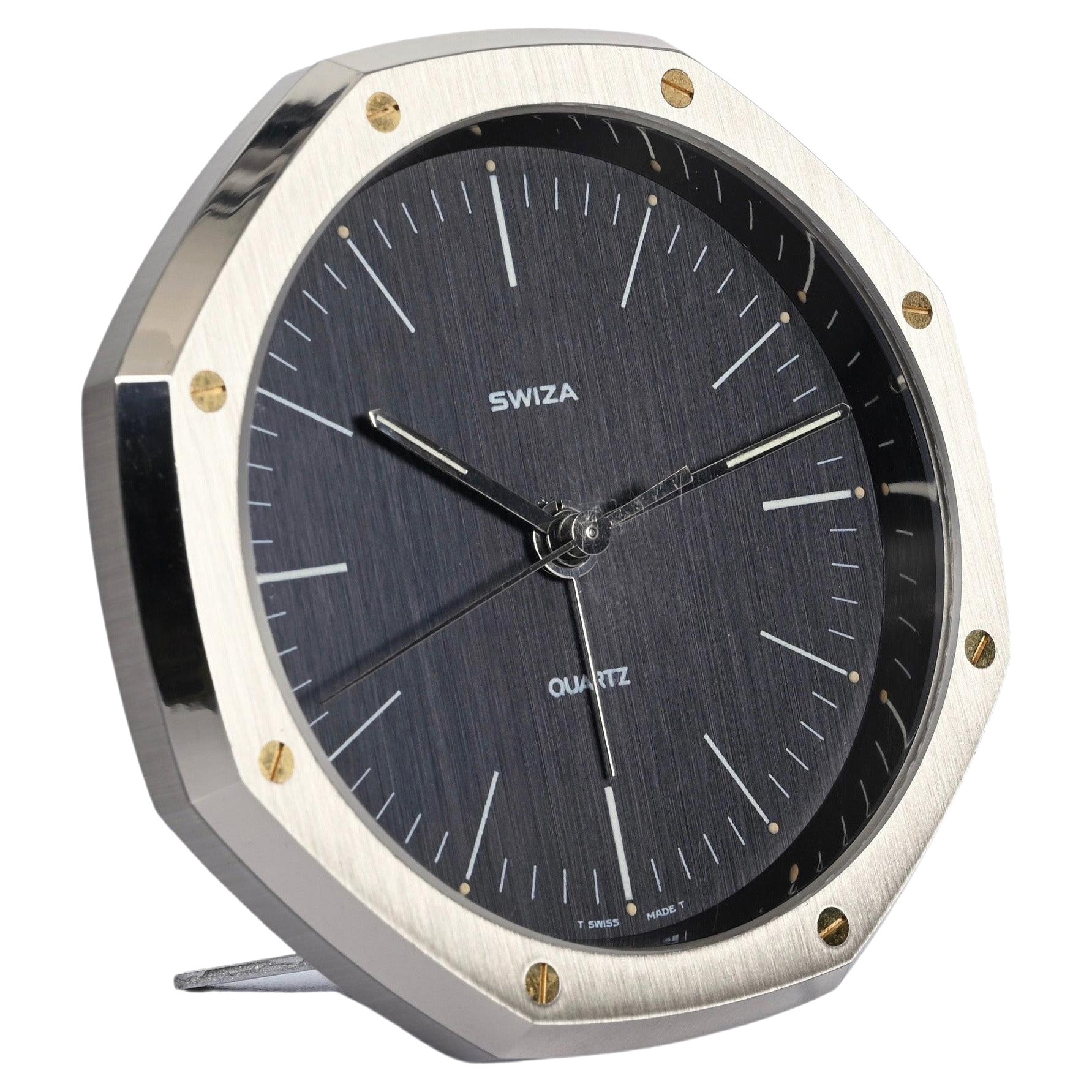 Swiza Audemars Royal Oak Quartz Steel Table Clock with Alarm, Switzerland, 1970s