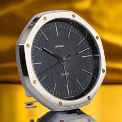 Swiza Audemars Royal Oak Quartz Steel Table Clock with Alarm, Switzerland, 1970s