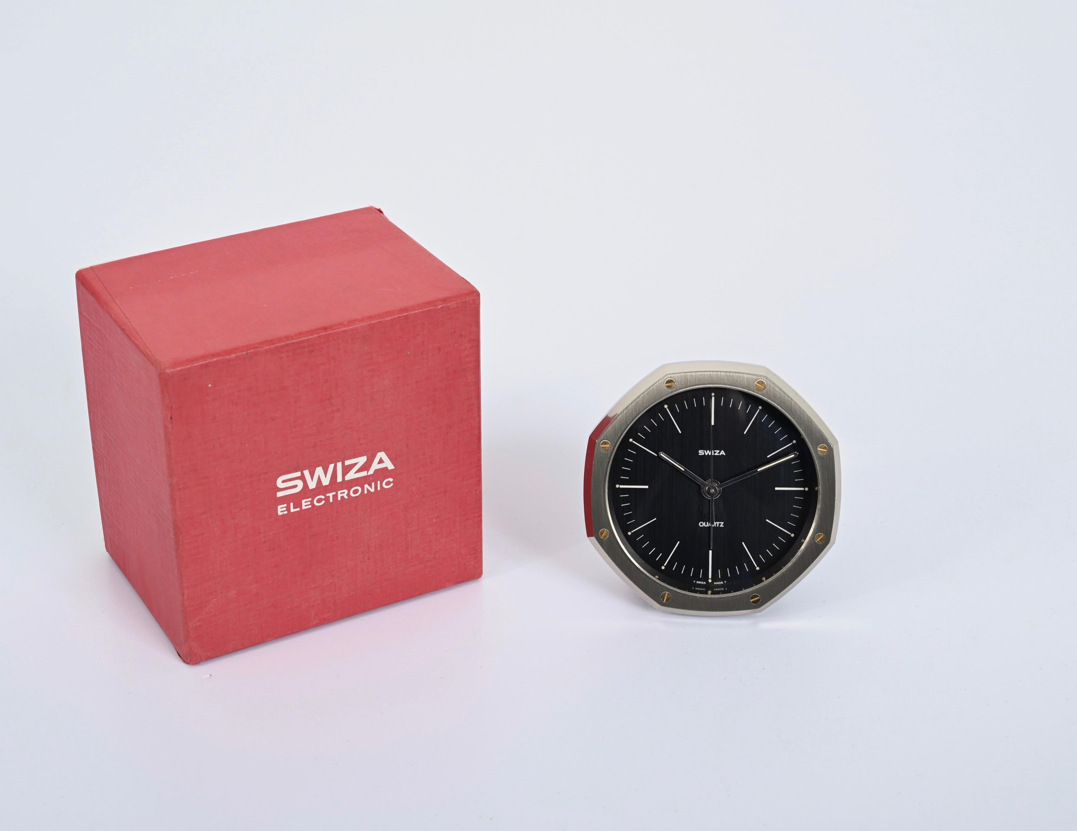 Swiza Audemars Royal Oak Quartz Steel Table Clock with Alarm, Switzerland, 1970s In Good Condition In Roma, IT