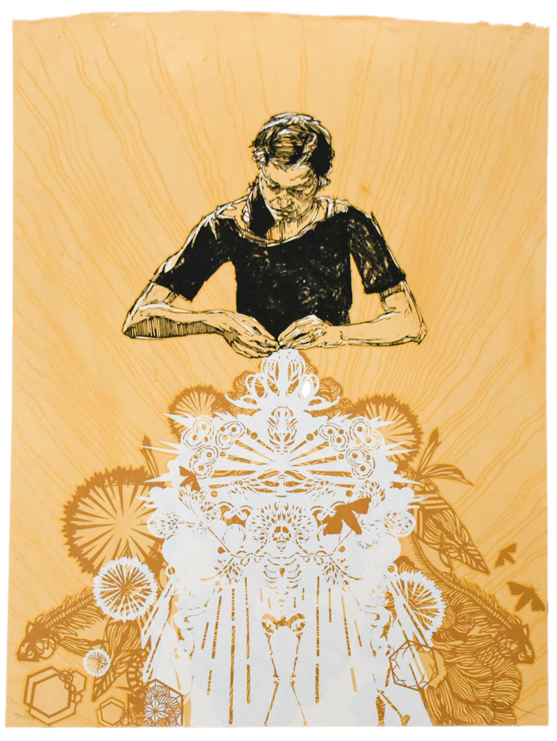 Swoon was drawing a friends portrait (presumably Alison) when she thought of Vermeer’s The Lacemaker as a natural inspiration.
This work has also been created by Swoon as a street piece in Berlin, Germany.
Beautiful details on the paper that has
