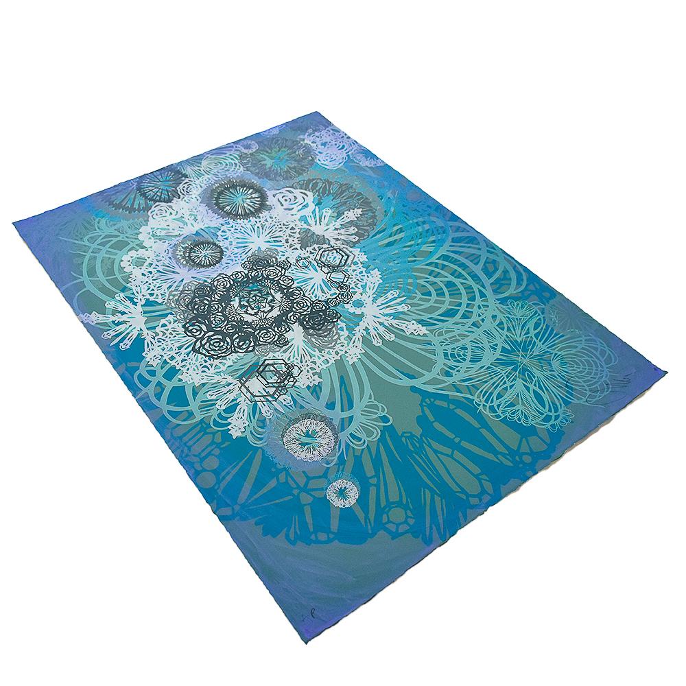 Ultra beautiful Artist Proof edition.
This stunning example is heavily embellished with blue paints.
Swoon released a very limited number of Artist Proofs (17) outside the regular edition that are hand embellished by the artist with special details