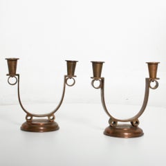 Art Deco Copper Candle Stick Holder Double Swoop Arm Pair Roycroft NY