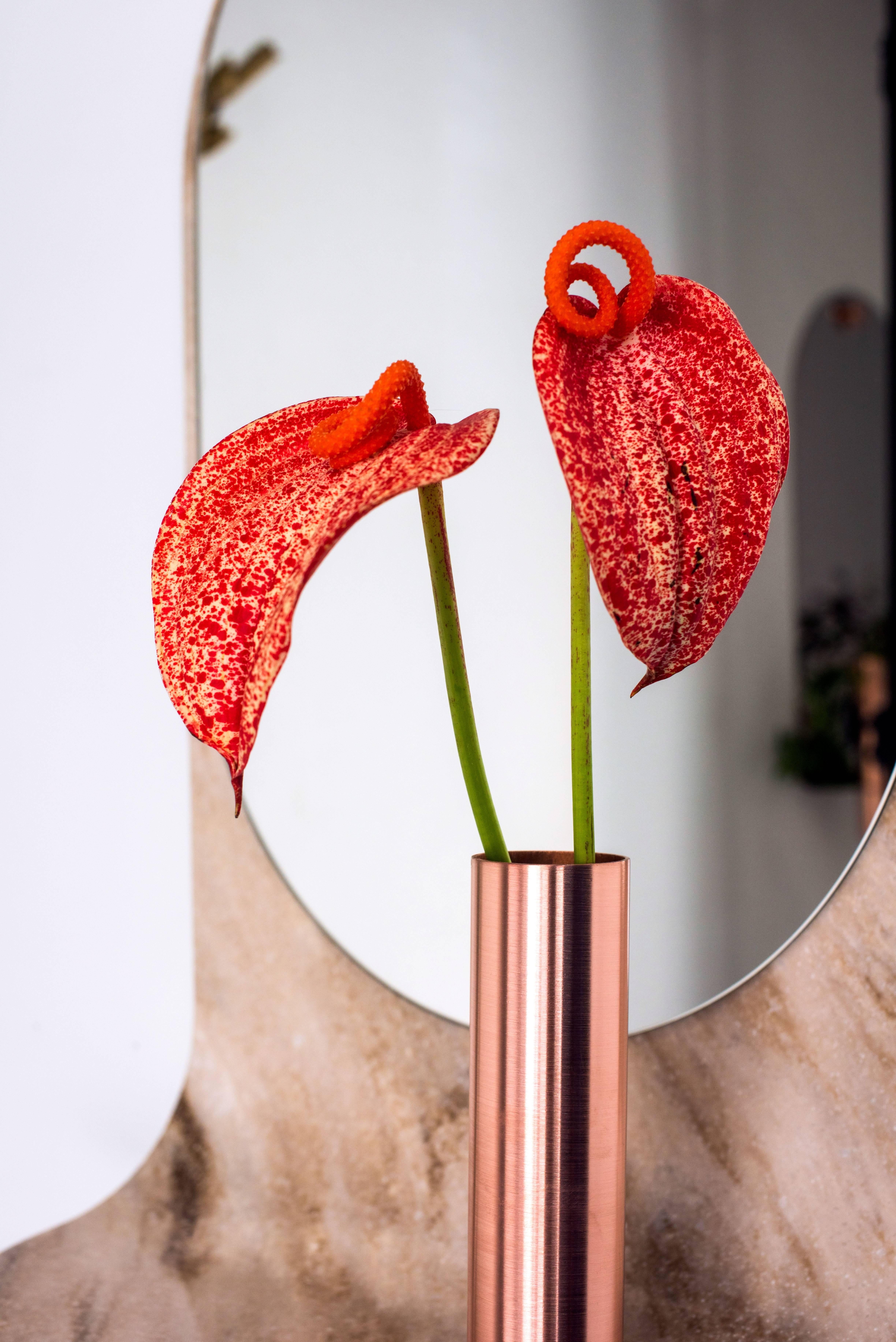 Brushed Swoop Mirror in Curved Stone with Copper Vase by Birnam Wood Studio