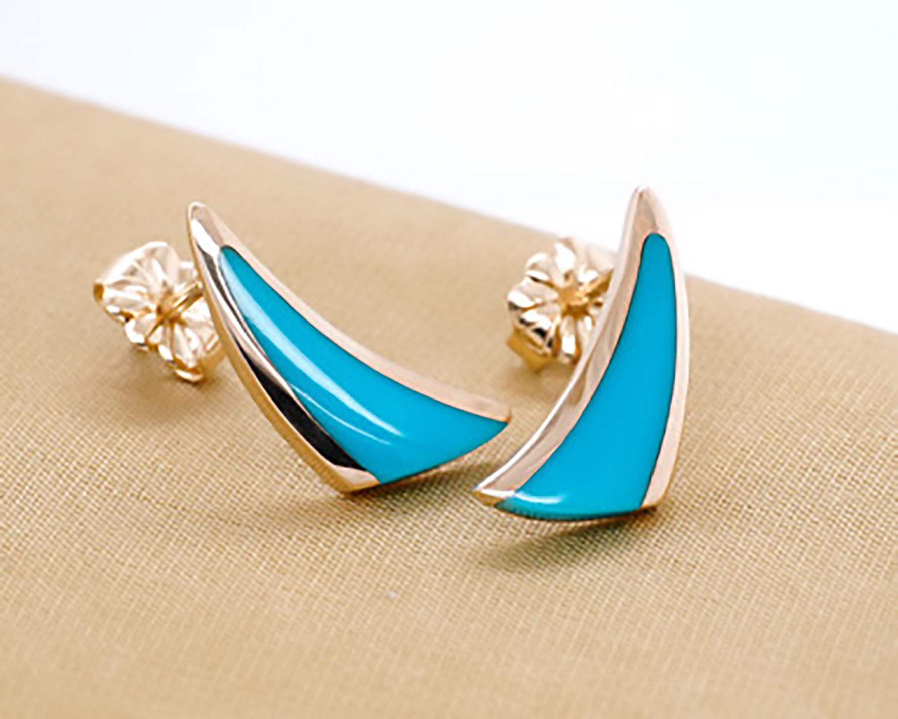 Swoop-Triangle Post Earrings, Sleeping Beauty Turquoise Inlay, 14k Yellow Gold In New Condition For Sale In Bozeman, MT