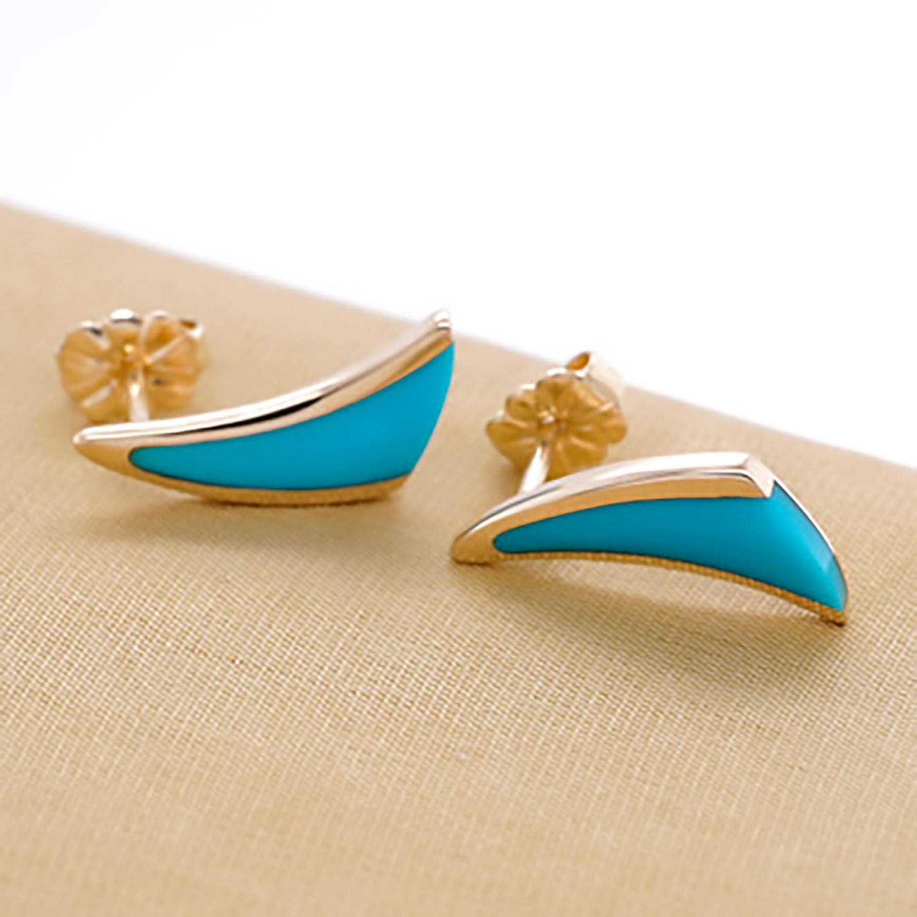 Women's or Men's Swoop-Triangle Post Earrings, Sleeping Beauty Turquoise Inlay, 14k Yellow Gold For Sale