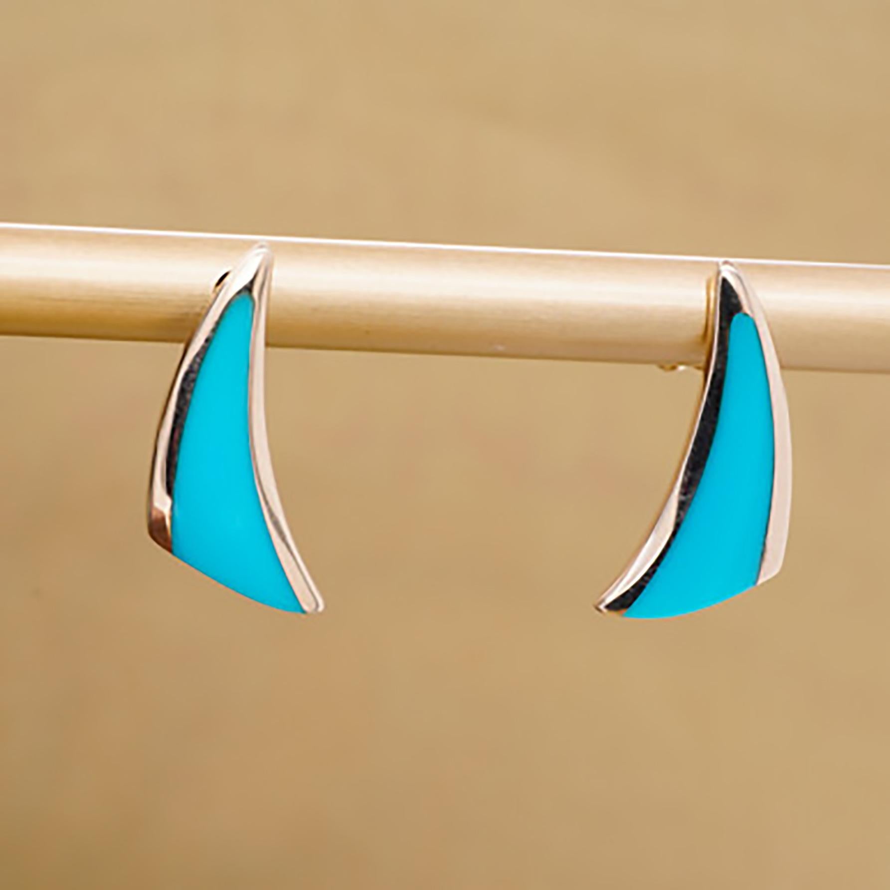 Swoop-Triangle Post Earrings, Sleeping Beauty Turquoise Inlay, 14k Yellow Gold For Sale 1