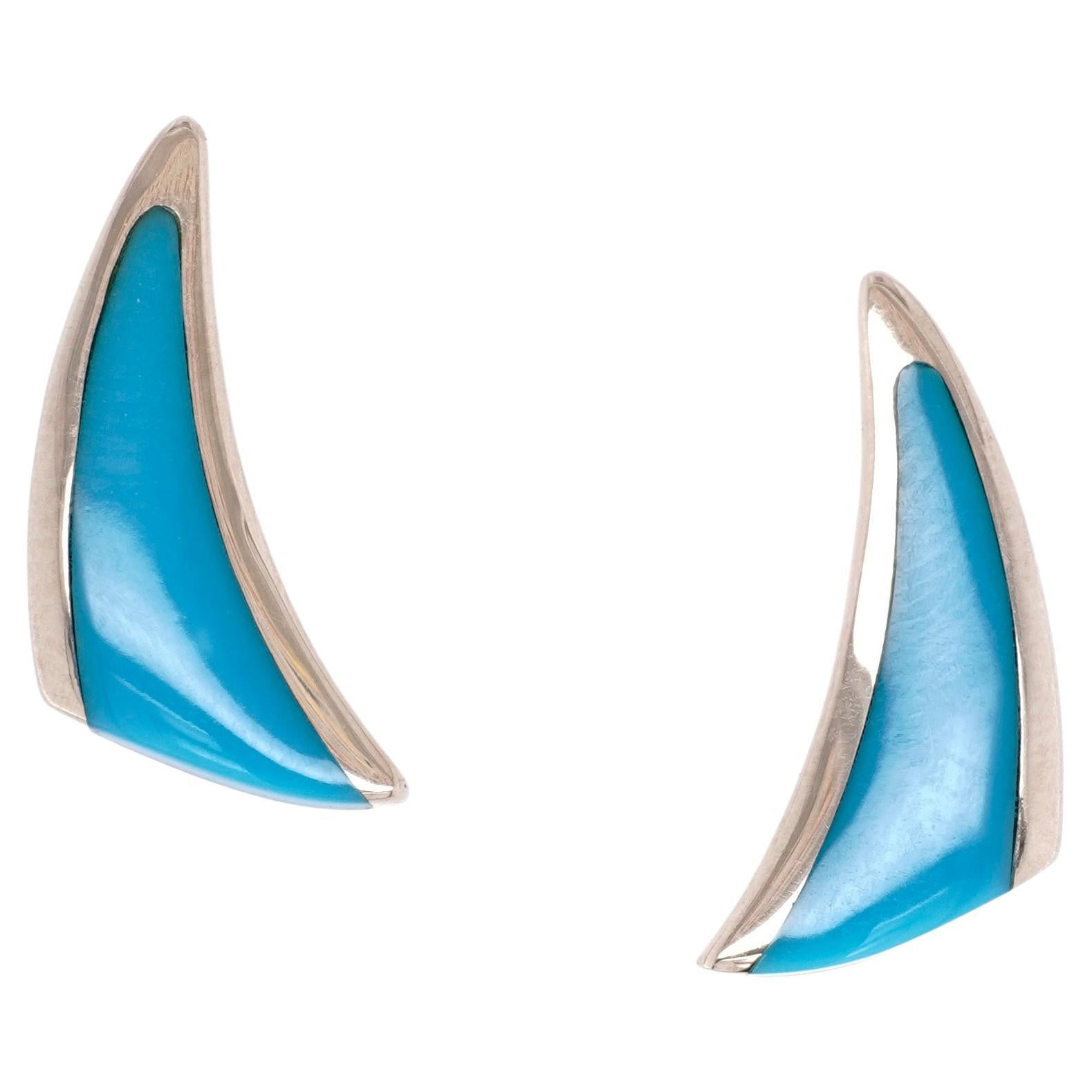 Cabochon Swoop-Triangle Post Earrings, Sleeping Beauty Turquoise Inlay, 14k Yellow Gold For Sale