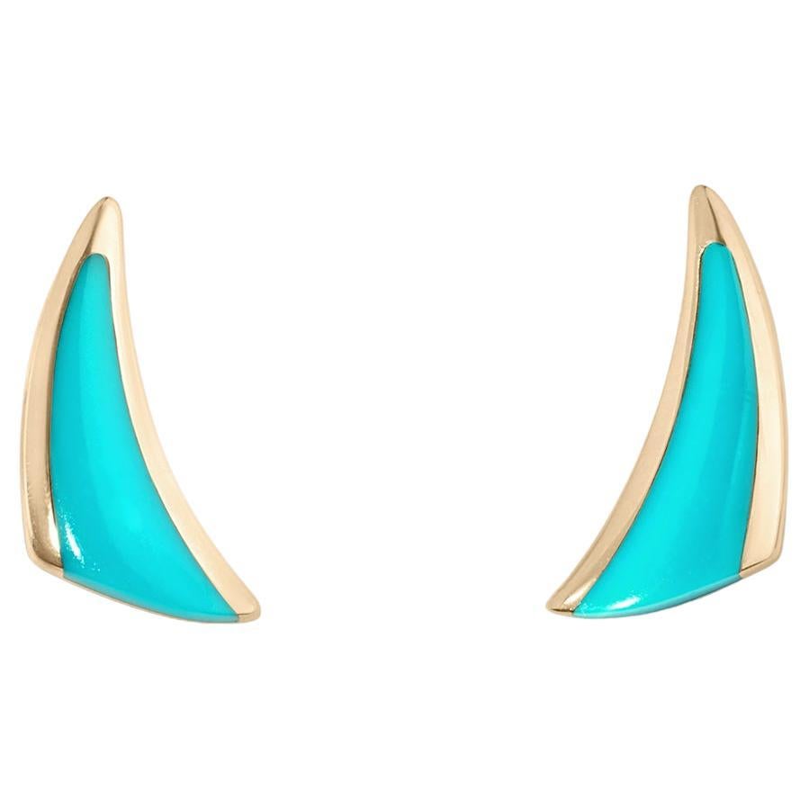 Swoop-Triangle Post Earrings, Sleeping Beauty Turquoise Inlay, 14k Yellow Gold For Sale