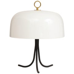 Swooping Tripodal Metal Base Lamp with Acrylic Shade and Brass Ring Finial