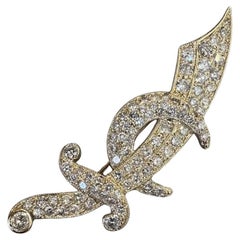 Sword and Crescent Moon Diamond Pin Brooch 3.50 carat total in 14k Yellow Gold