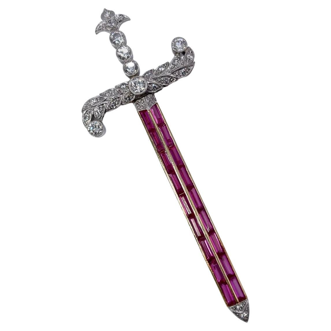 Sword Brooch Pin Diamond Sword Pin Mens Unisex Pin Ruby Diamond Brooch PT 18kt