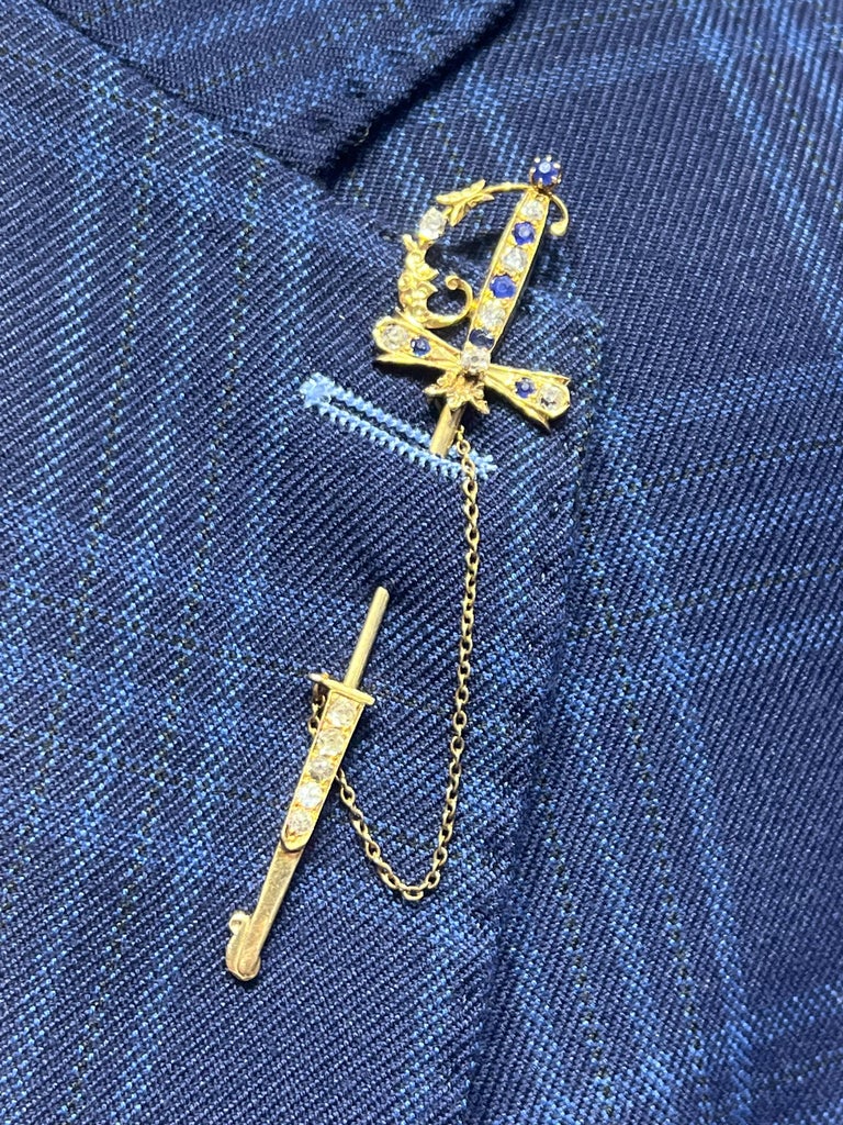 Sword Jabot Pin Old Mine Cut Diamond and UnHeated Sapphires For Sale