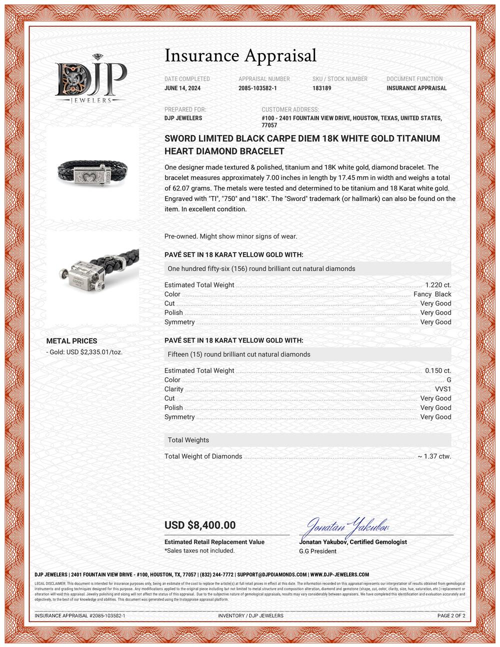 Sword Limited Carpe Diem in oro bianco 18 carati, bracciale con diamante e cuore in titanio in vendita 4