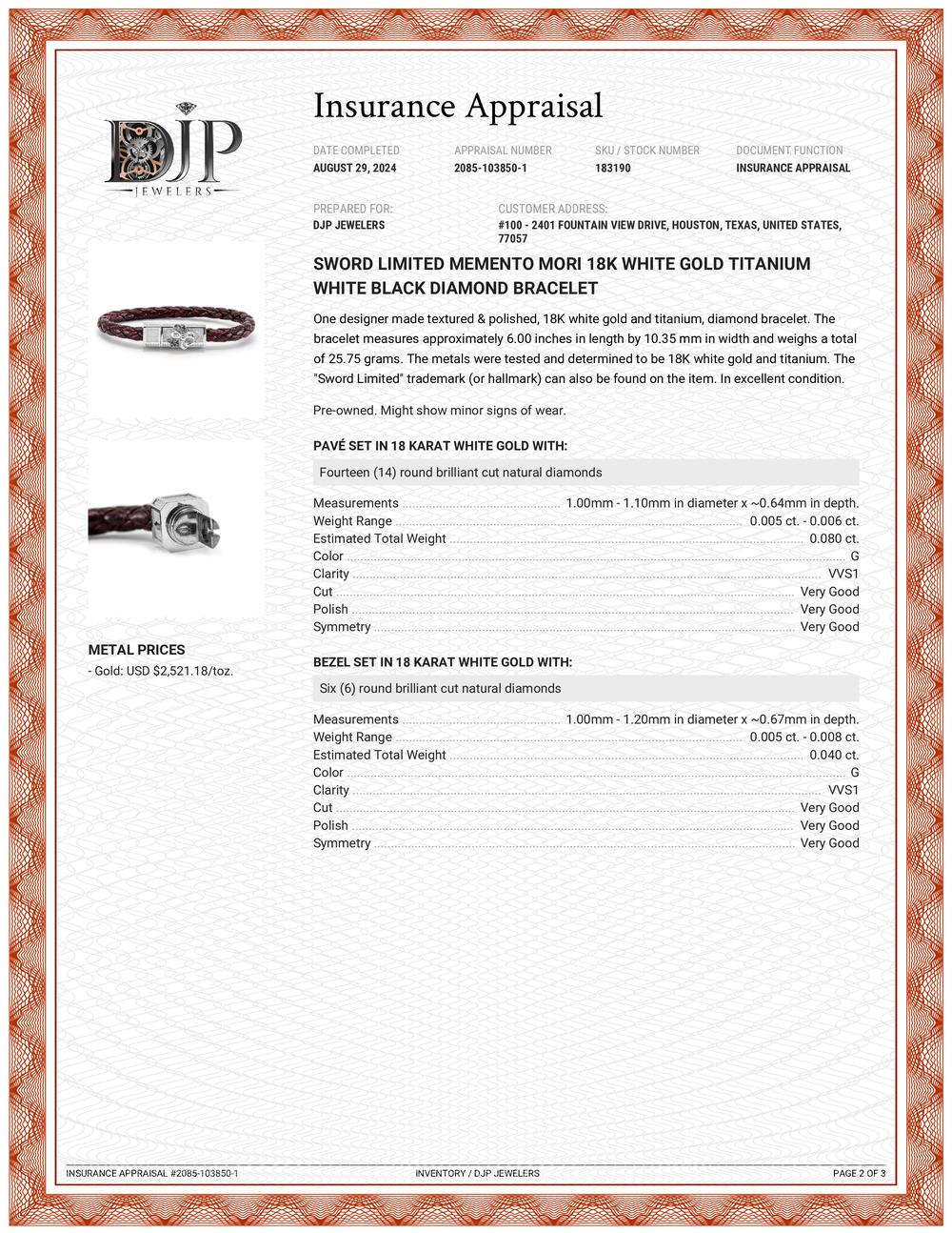 Sword Limited Memento Mori 18K White Gold Titanium White Black Diamond Bracelet For Sale 3