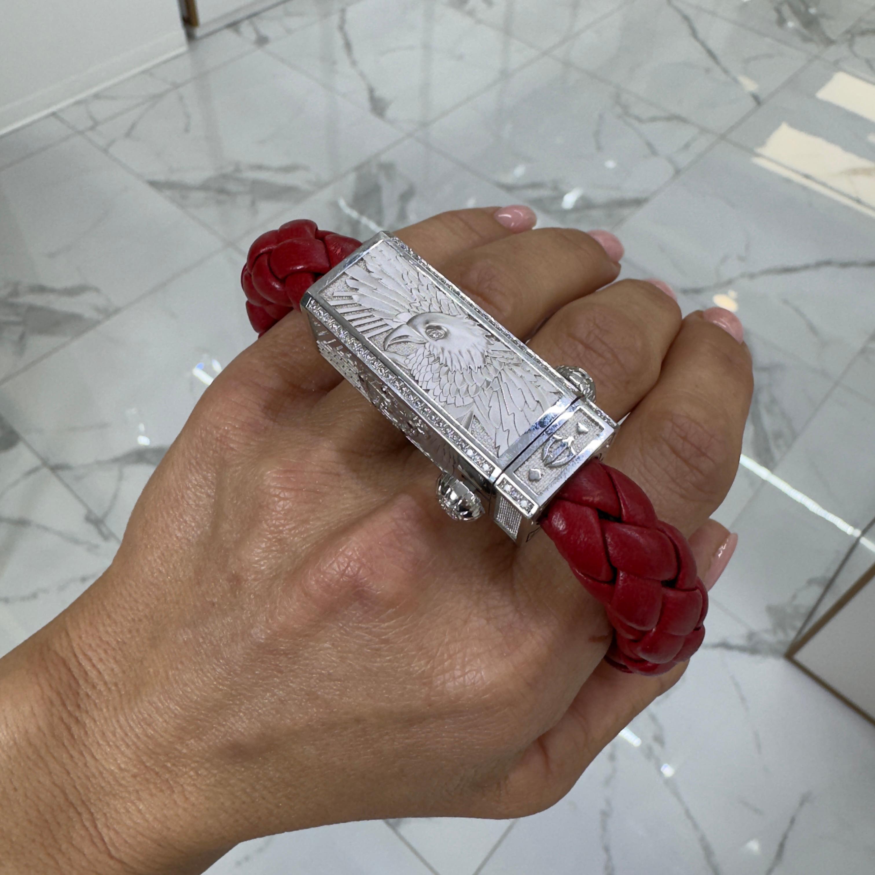 Sword Limited Red Fiat Lux 18K White Gold Titanium Eagle Diamond Bracelet In Excellent Condition For Sale In Houston, TX