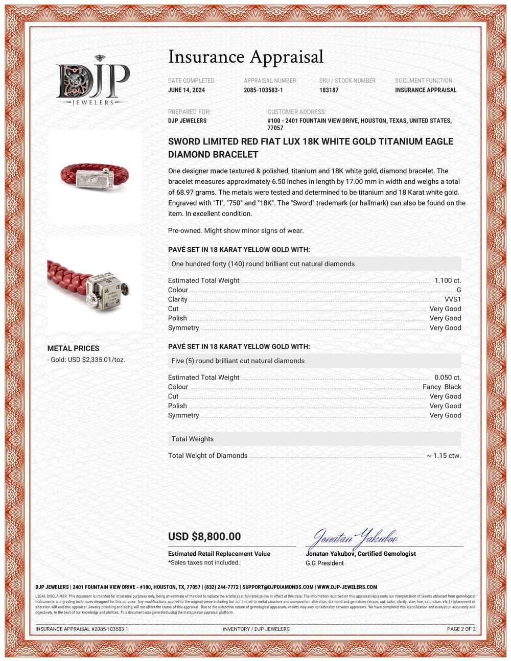 Women's or Men's Sword Limited Red Fiat Lux 18K White Gold Titanium Eagle Diamond Bracelet For Sale