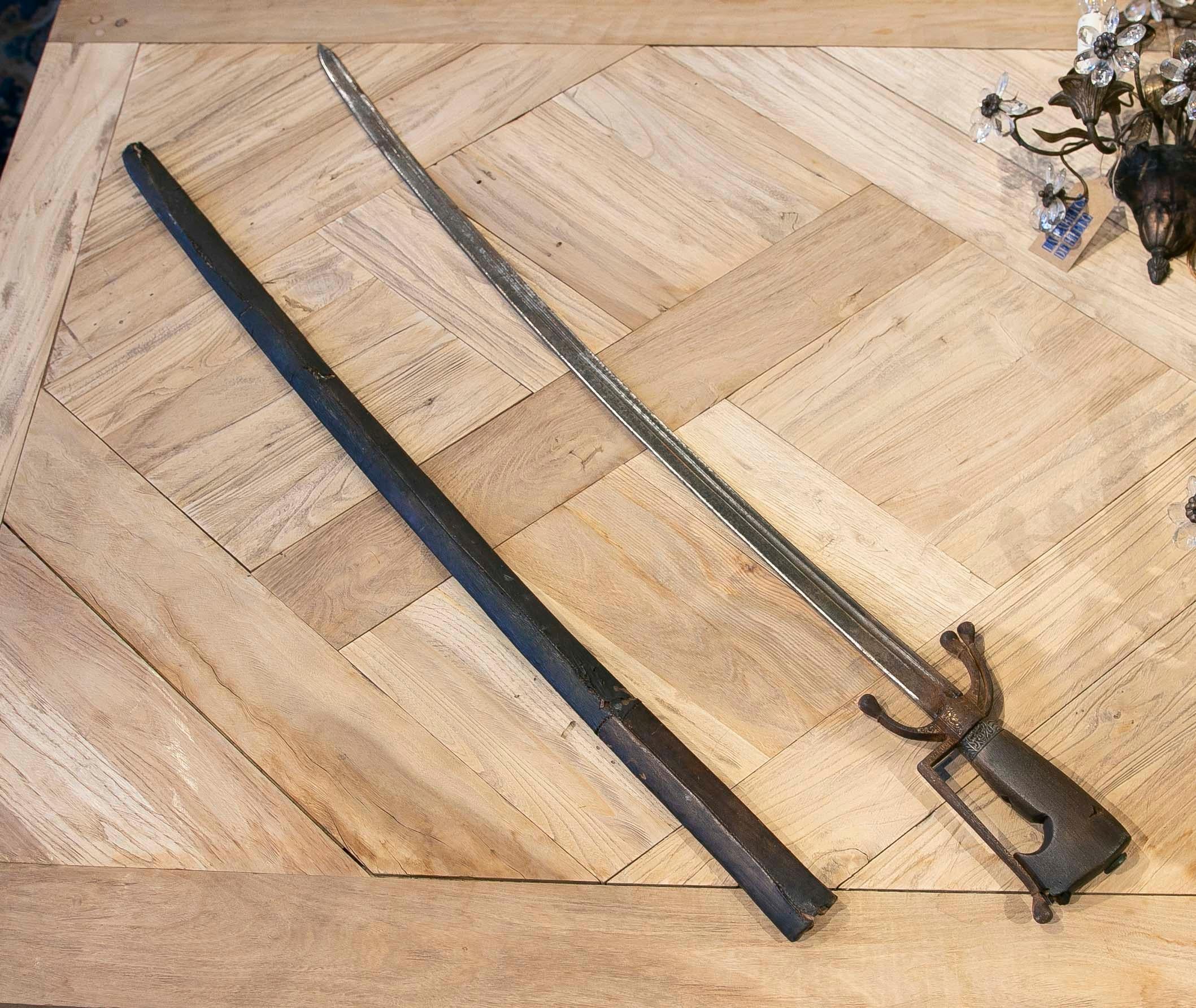 Sword with Wrought Iron Blade with Traces of Gold on Hilt with Cover Sheath For Sale 6
