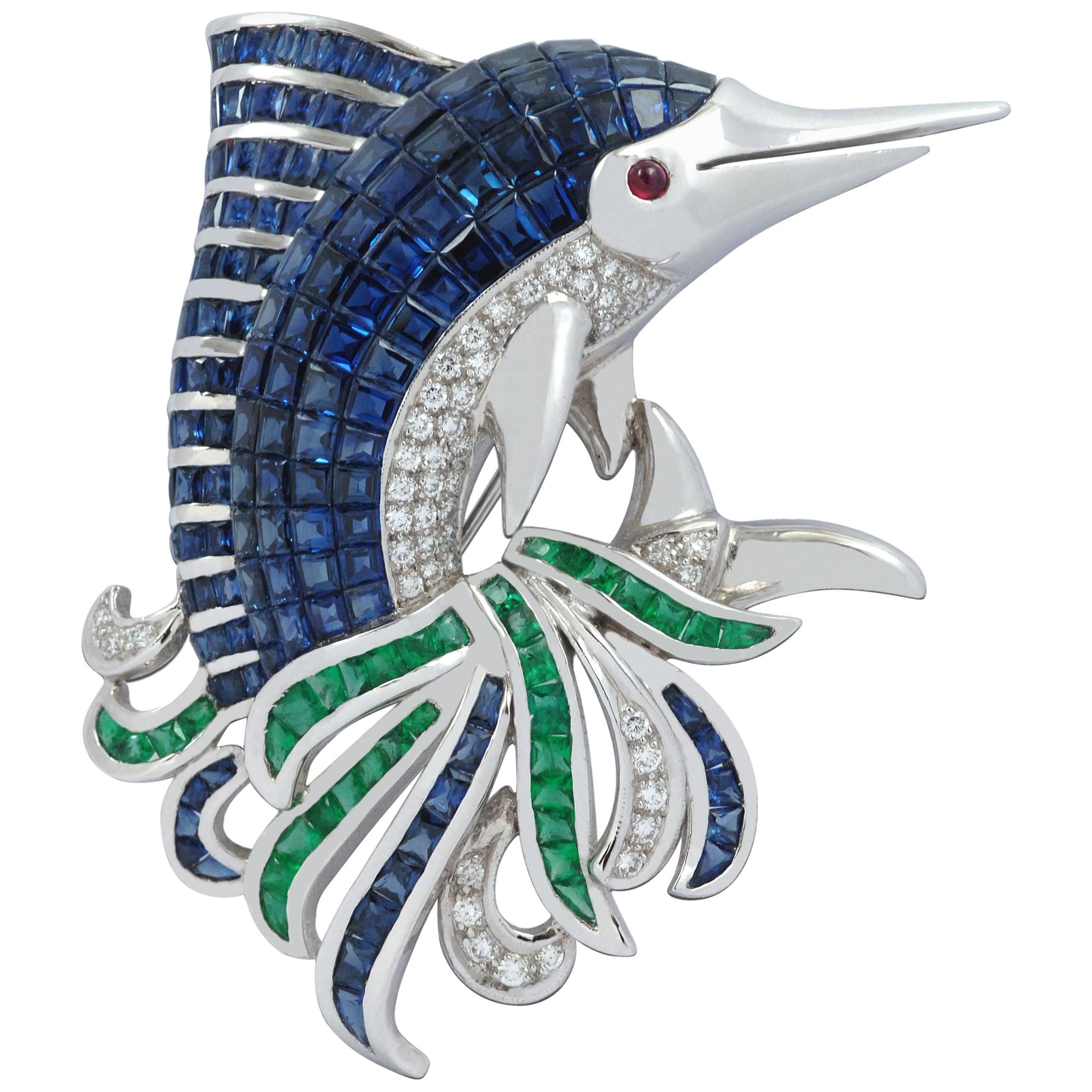 Swordfish Blue Sapphire, Emerald, Diamond, Ruby Dolphin Brooch Set in 18 Karat