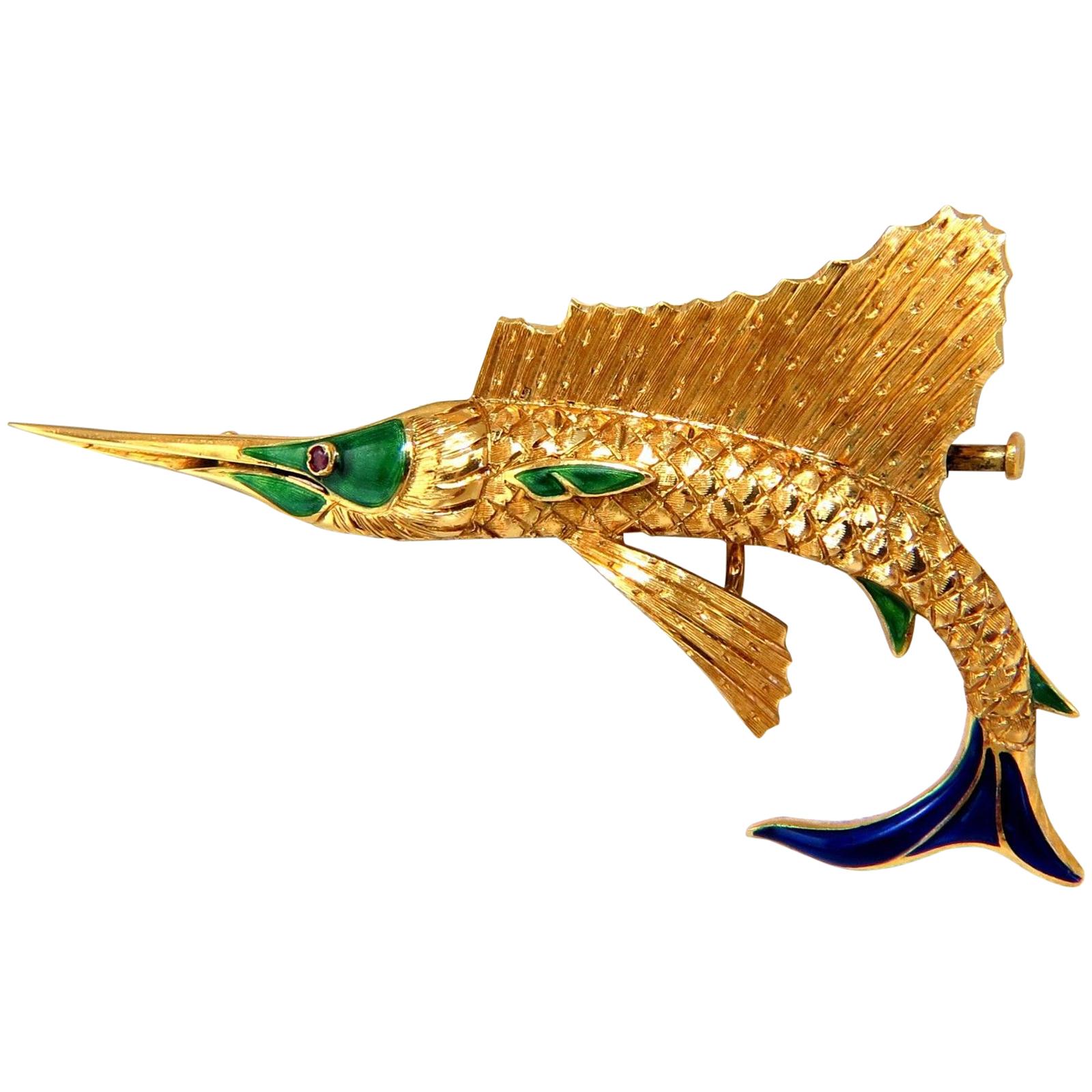 Swordfish Marlin Brooch Enamel 14 Karat For Sale