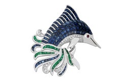 Swordfish Blue Sapphire, Emerald, Diamond, Ruby Dolphin Brooch Set in 18 Karat