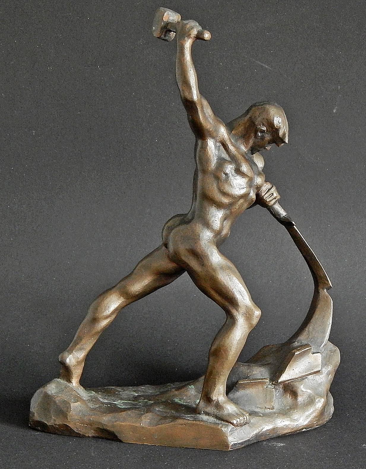 This very fine bronze sculpture, depicting a nude male figure dramatically beating a sword into a plow, is a reduced version of a famous sculpture given by Nikita Krushchev, Premier of the Soviet Union, to the United Nations as a gesture of peace in