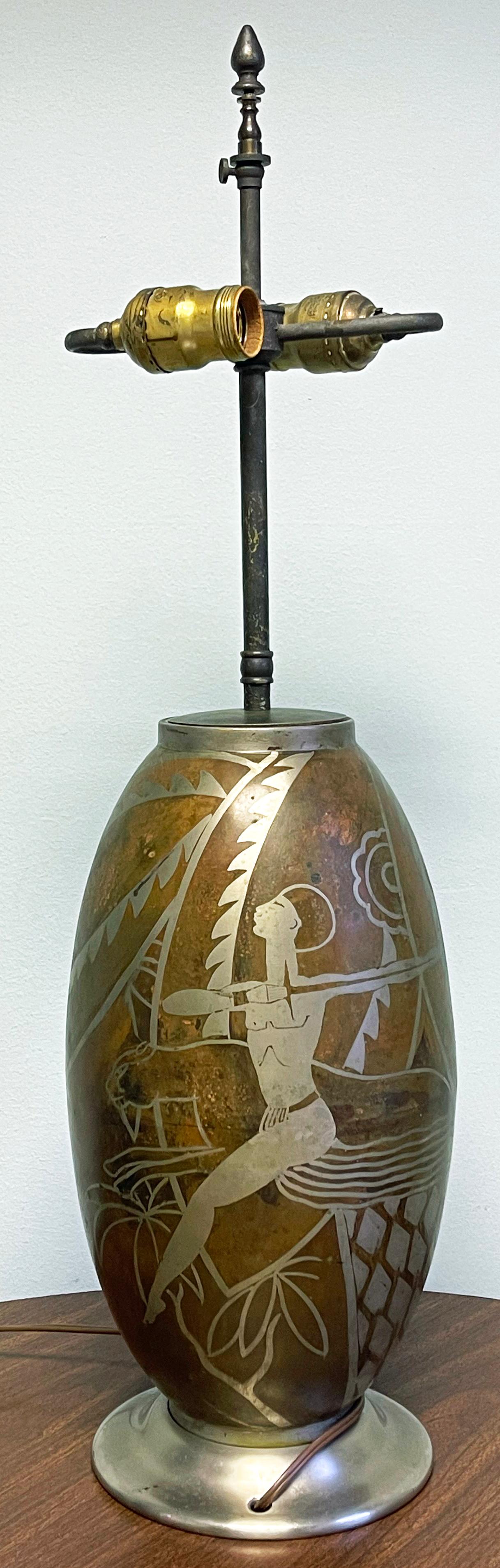 Début du 20ème siècle « Swordsman and Running Panther », socle de lampe Art déco haut de gamme, cuivre et argent en vente