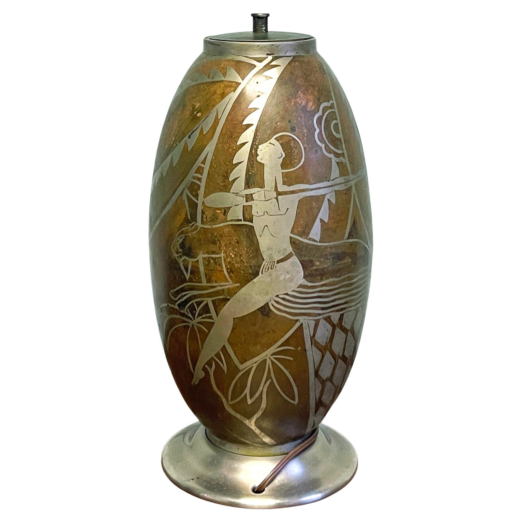 "Swordsman and Running Panther," High Style Art Deco Lamp Base, Copper & Silver