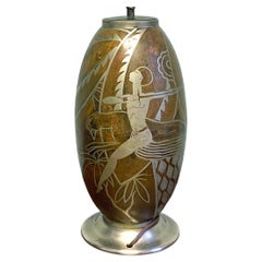 "Swordsman and Running Panther, " High Style Art Deco Lamp Base, Copper & Silver