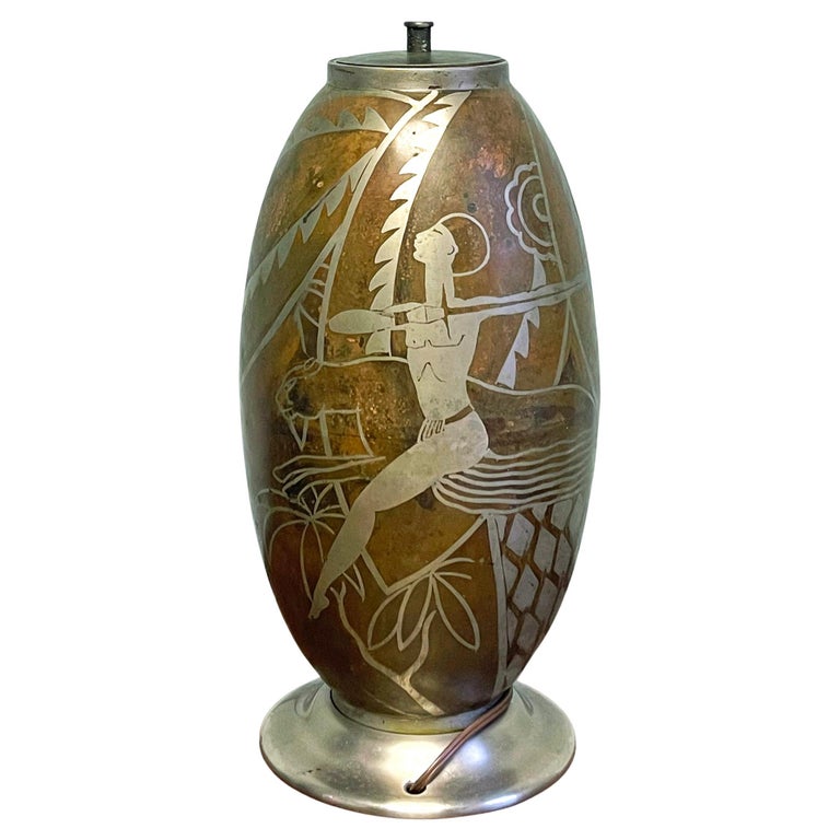 "Swordsman and Running Panther," High Style Art Deco Lamp Base, Copper & Silver For Sale