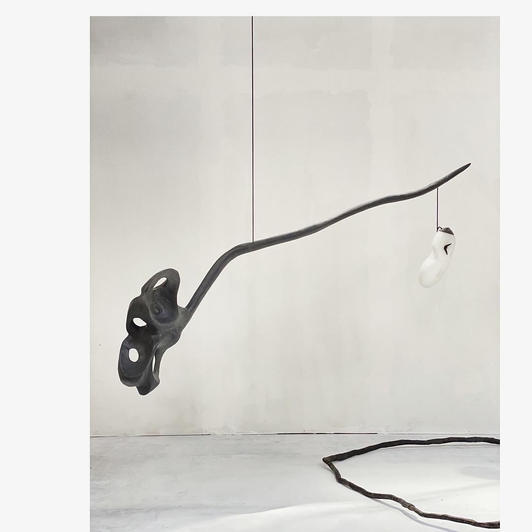 Contemporary Unique Cantilevered Black Wood & White Glass Pendant Lamp by Jérôme Pereira For Sale