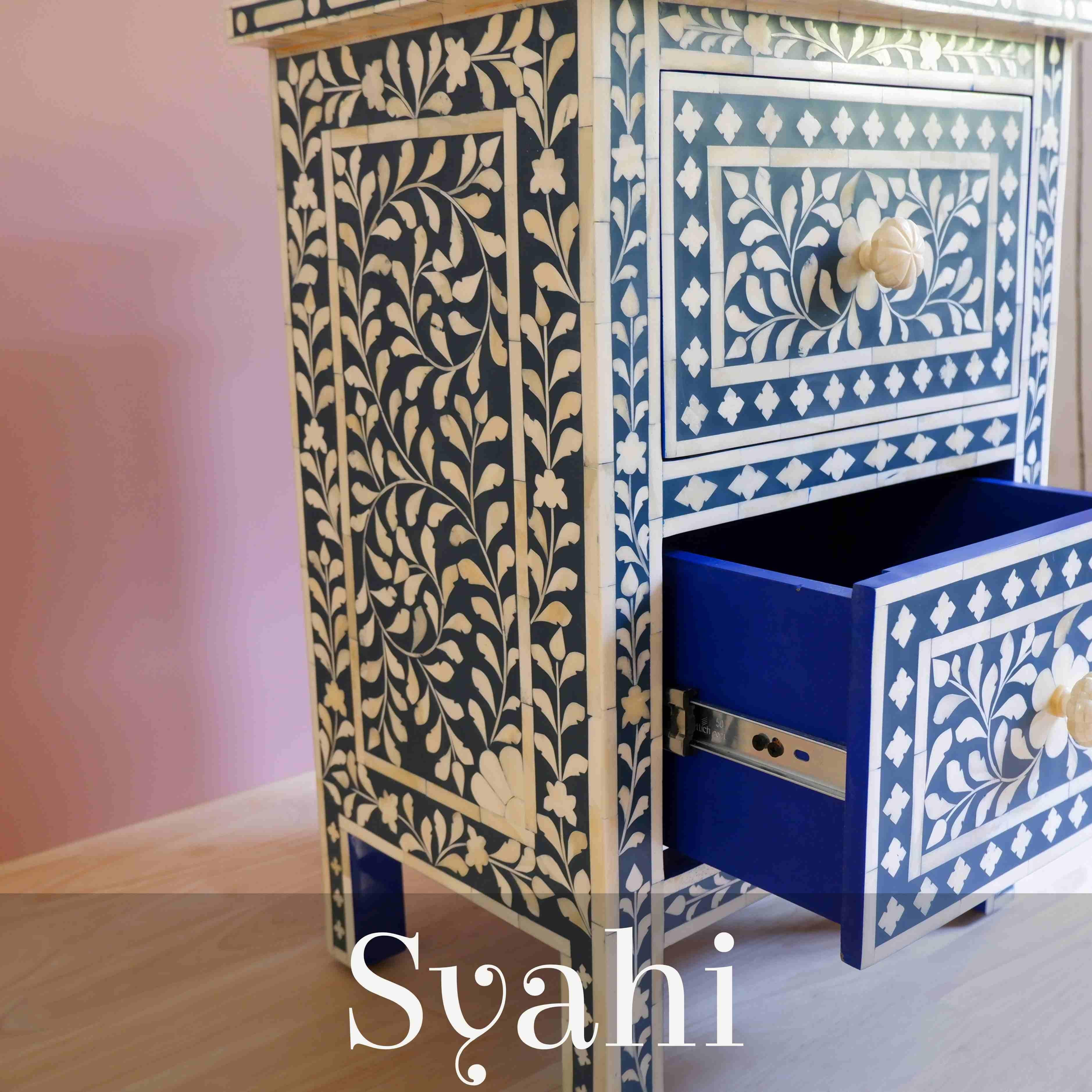 Syahi Handmade Marineblau Indische Knochen Inlay Nachttisch (Moderne der Mitte des Jahrhunderts) im Angebot