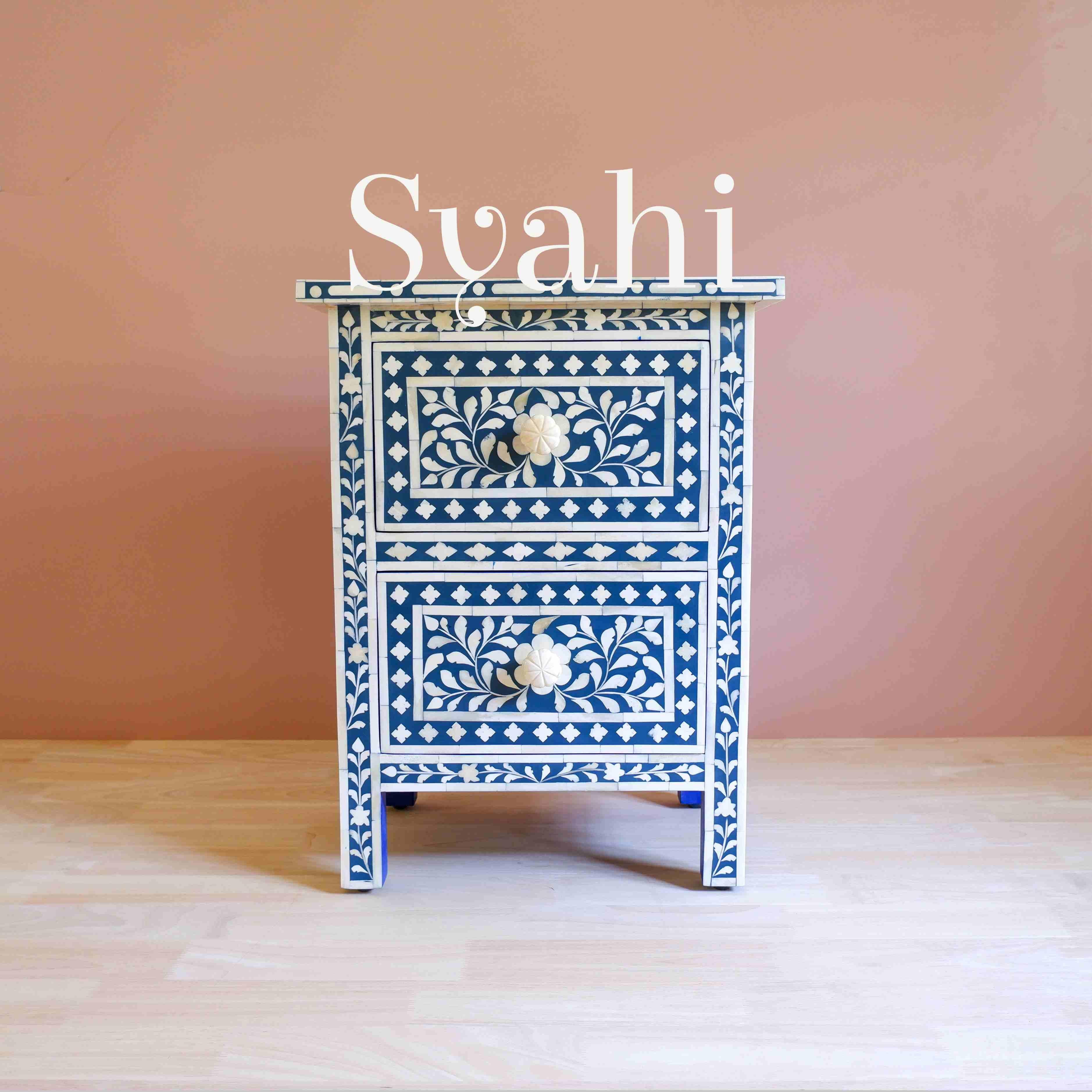 Syahi Handmade Navy Blue Indian Bone Inlay Nightstand In New Condition For Sale In New York, NY