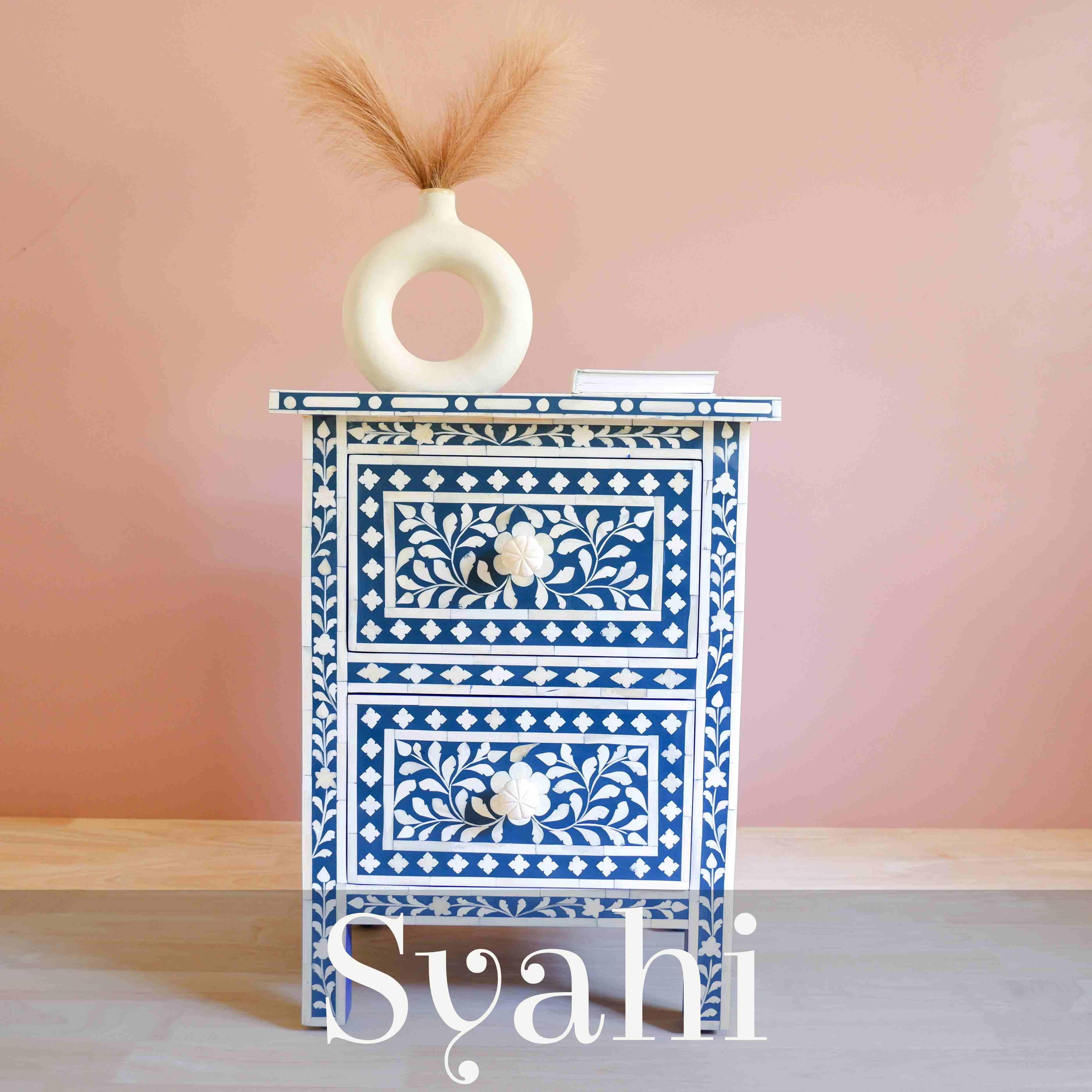 Contemporary Syahi Handmade Navy Blue Indian Bone Inlay Nightstand For Sale