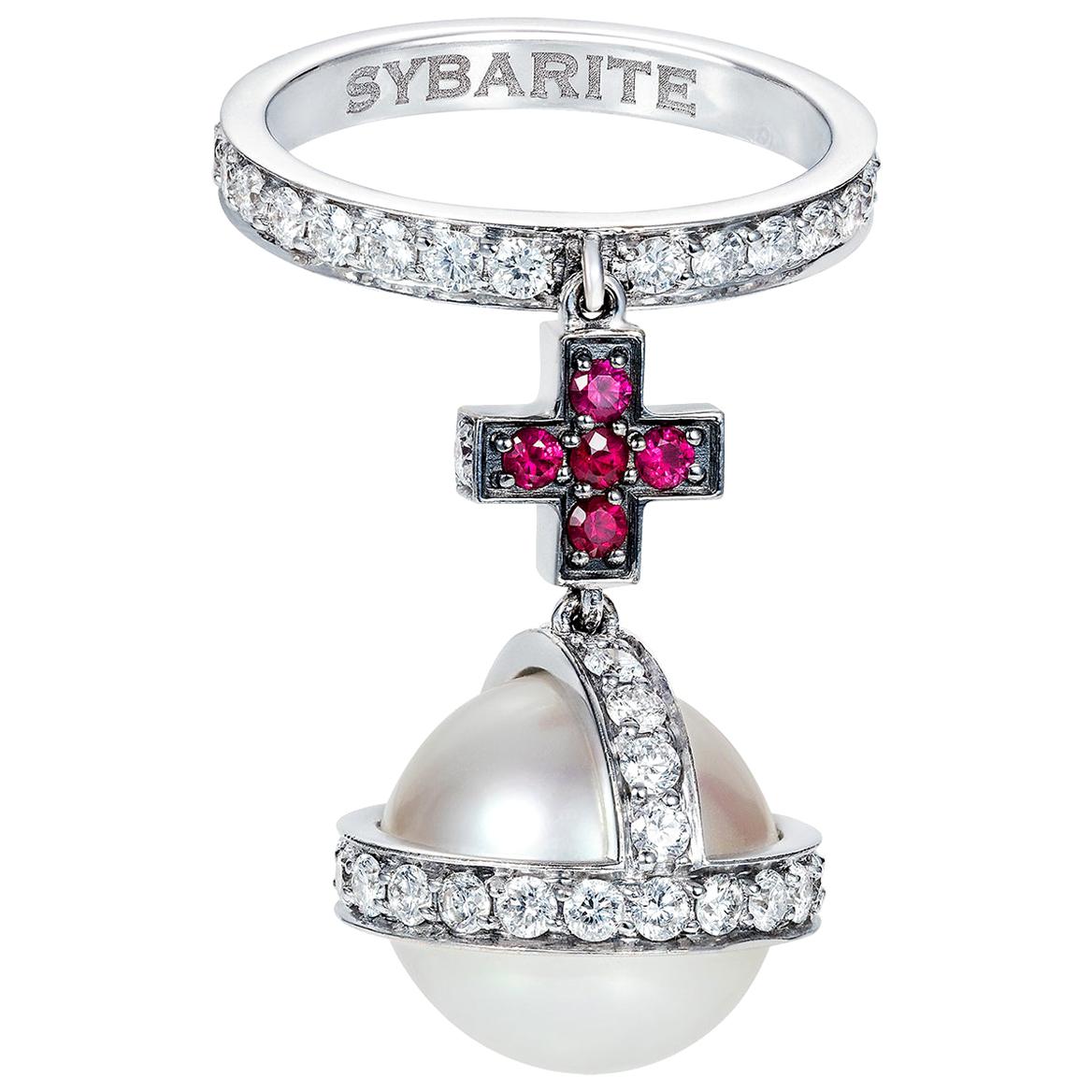 Sybarite Sceptre Ring in White Gold with White Diamonds, Rubies & Pearl