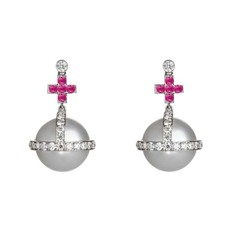 Sybarite Sceptre Earrings in White Gold with White Diamonds, Rubies & Pearls