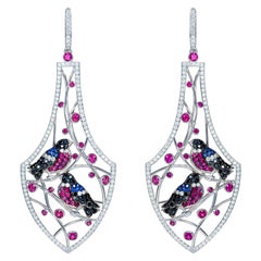 Sybarite Bird Earrings in White Gold with White Diamonds, Rubies & Sapphires