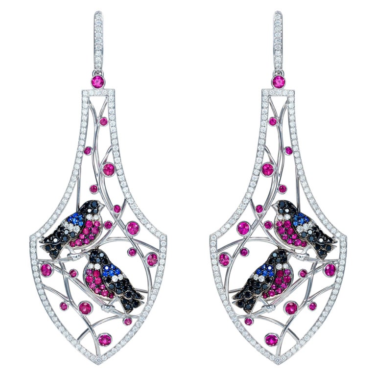 Sybarite Bird Earrings in White Gold with White Diamonds, Rubies & Sapphires For Sale