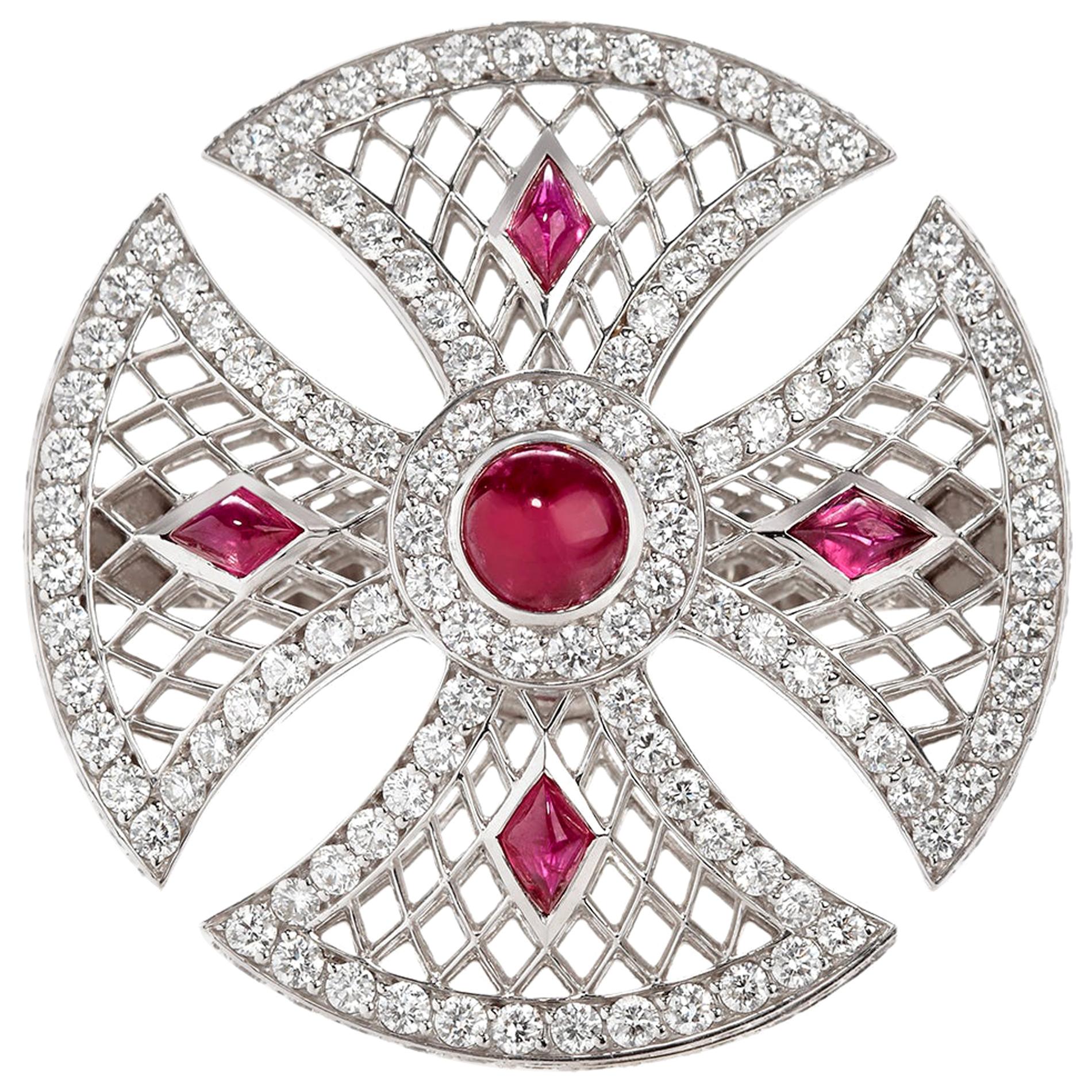 Sybarite Heritage Ring in White Gold with White Diamonds & Rubies For Sale