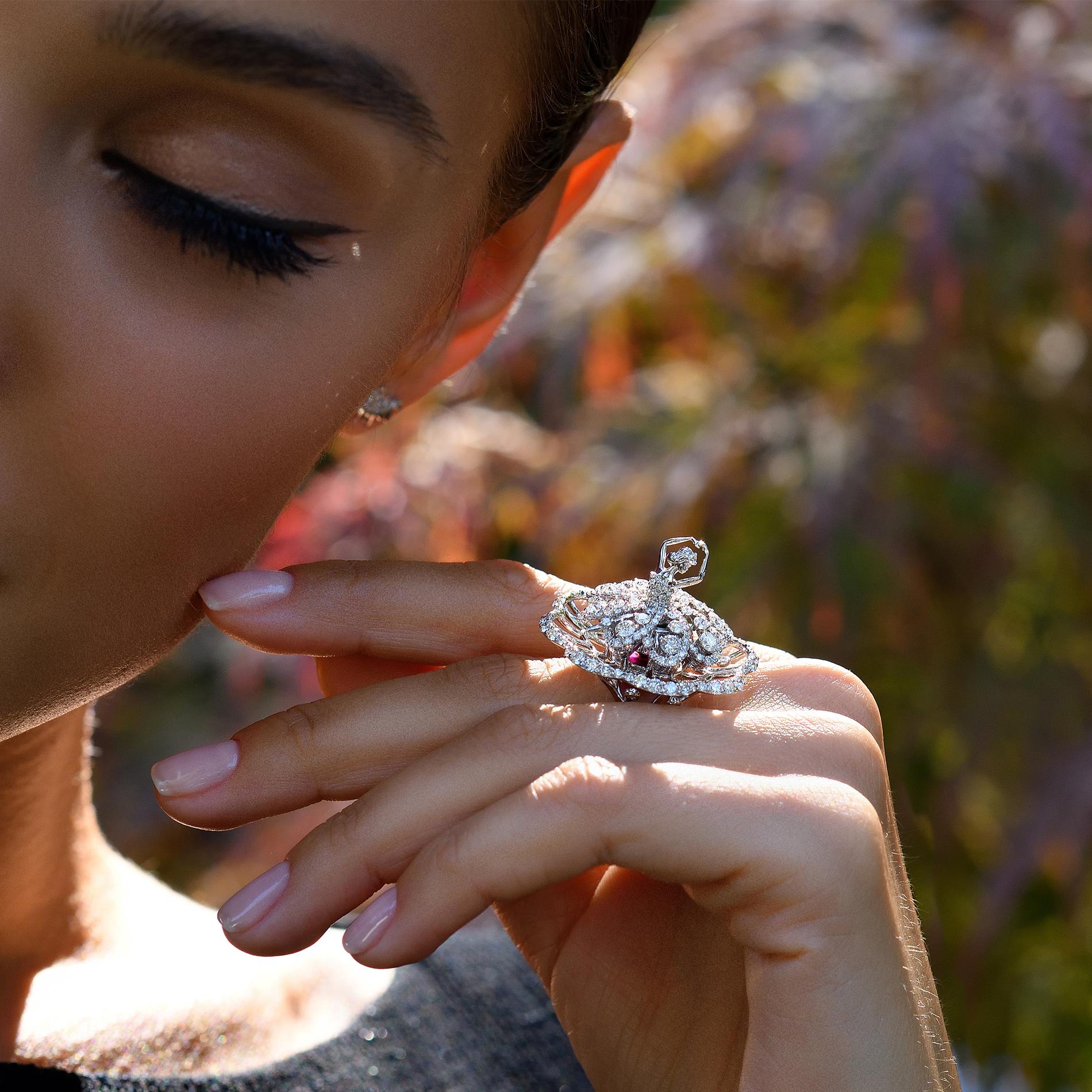 Contemporary Sybarite Dancing Ballerina Ring in White Gold with White Diamonds For Sale