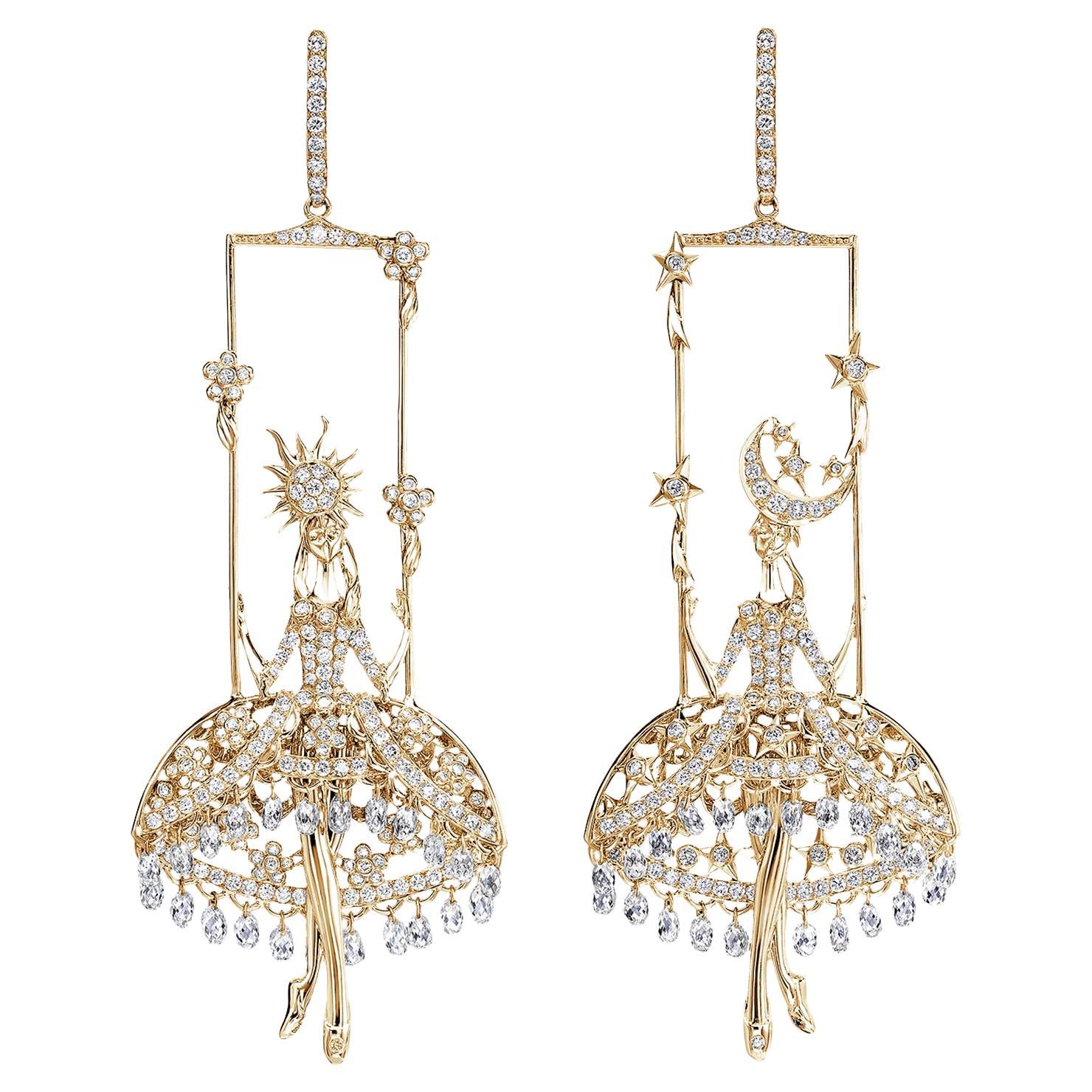 Sybarite Jewelry Fairies Dangle Earrings 18ct Yellow Gold with 12.17ct Diamonds For Sale