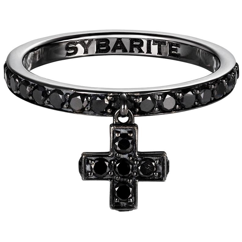 Sybarite Cross Ring in Blackened Gold with Black Diamonds For Sale