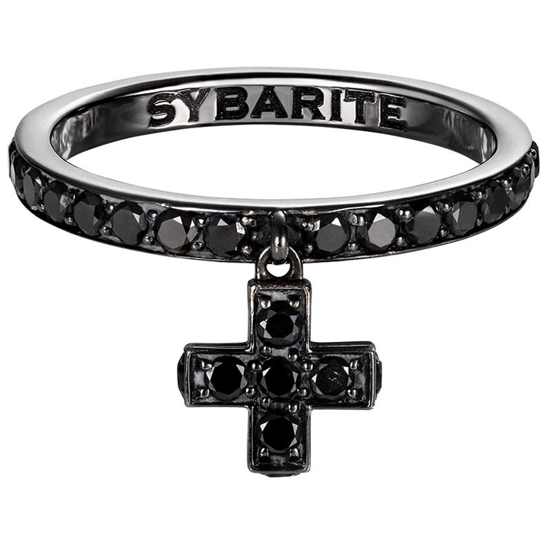 Bague croix en sybarite en or noirci avec diamants noirs