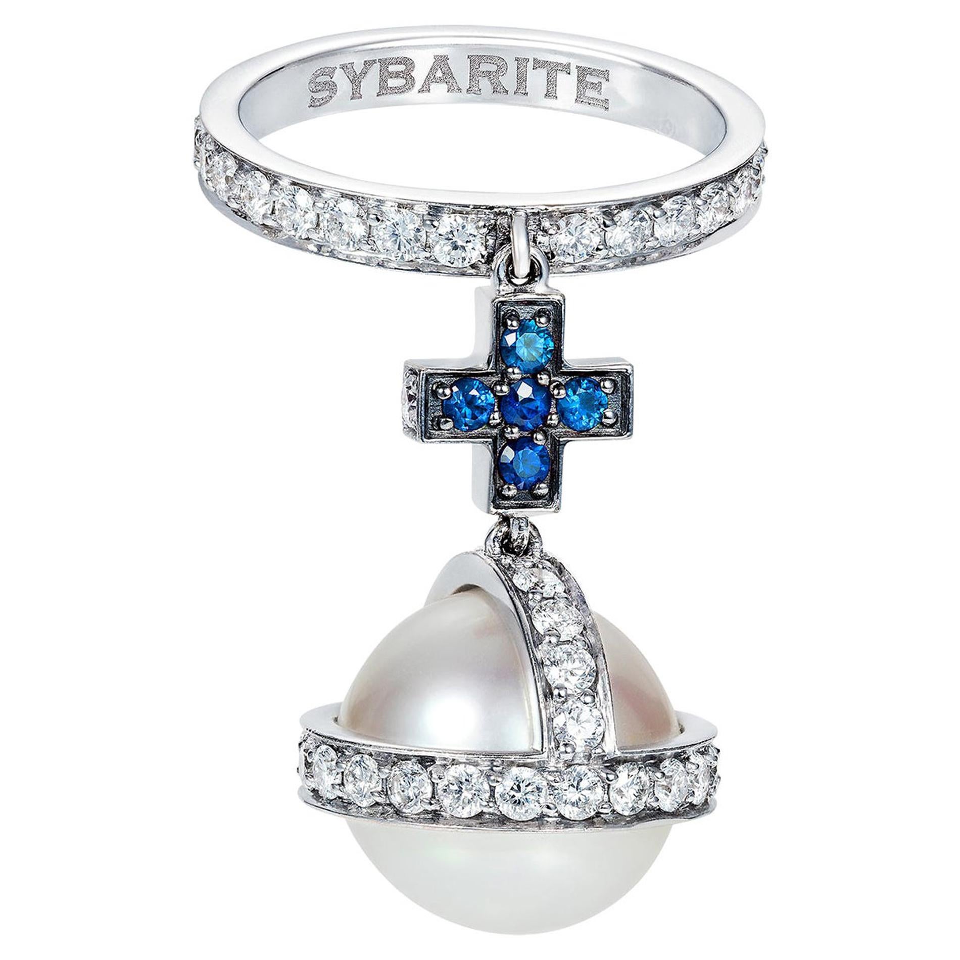 Sybarite Sceptre Ring in White Gold with White Diamonds, Sapphires & Pearl For Sale