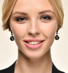 Sybarite Sceptre Earrings in Blackened Gold with Black Diamonds, Rubies & Pearl