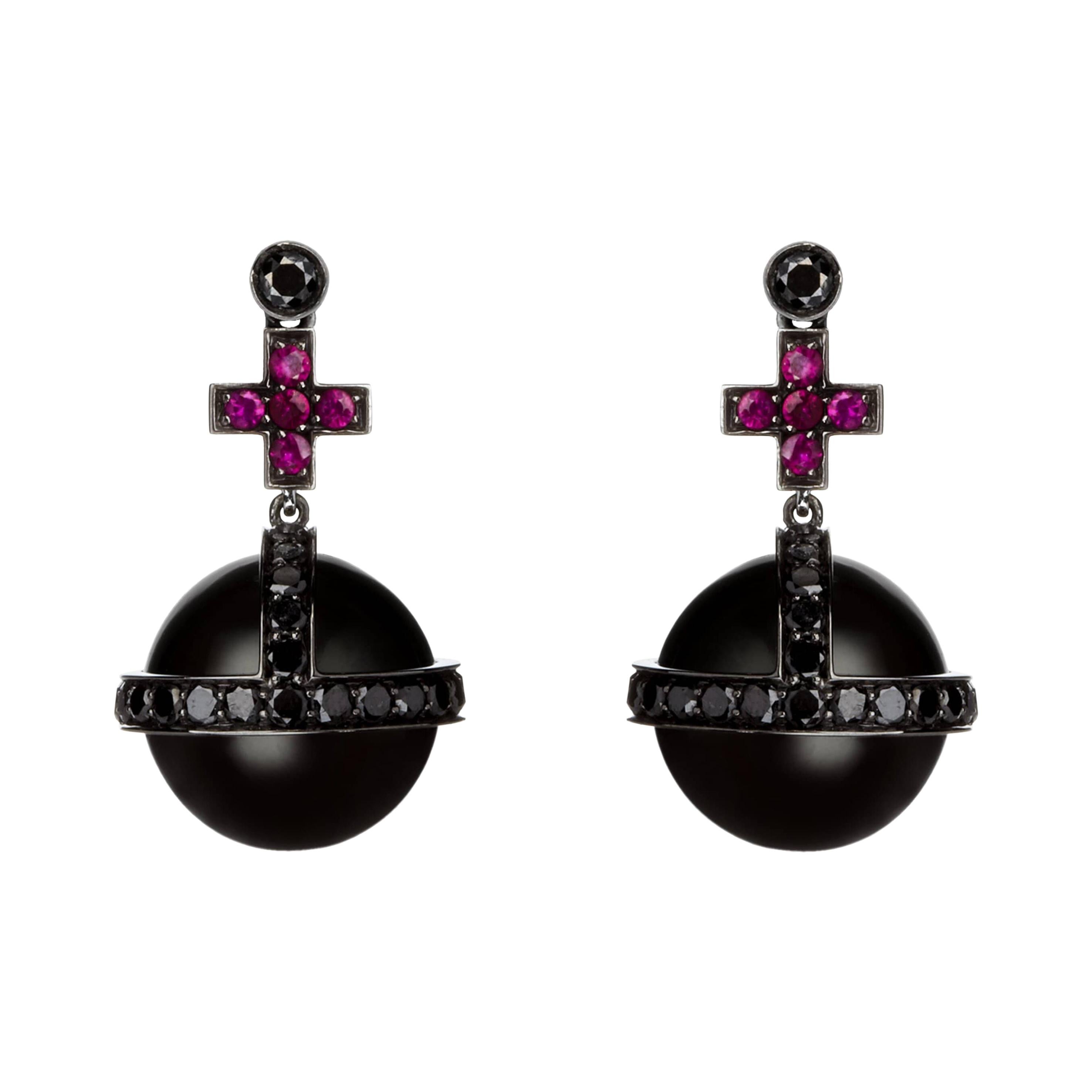 Sybarite Sceptre Earrings in Blackened Gold with Black Diamonds, Rubies & Pearl For Sale