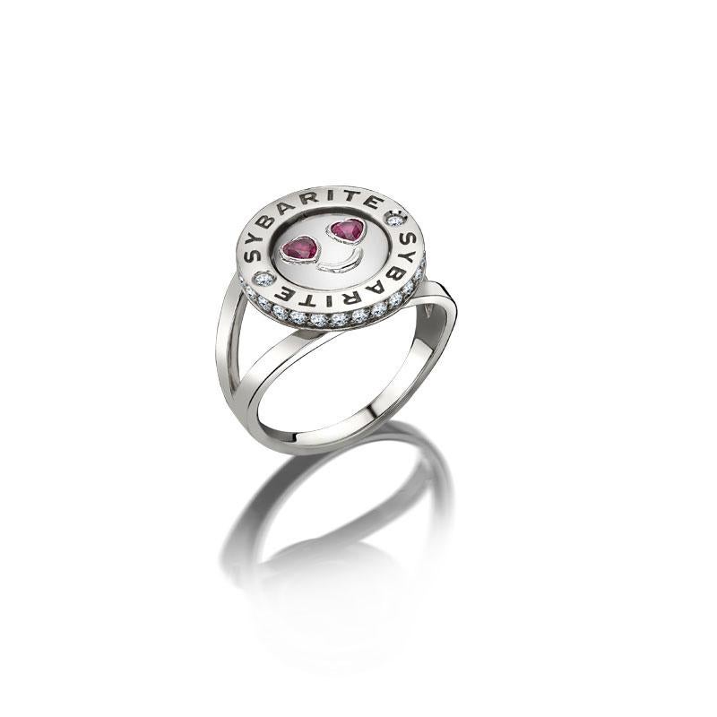 Contemporary Sybarite Smiley Ring In Love in White Gold With White Diamonds & Rubies For Sale