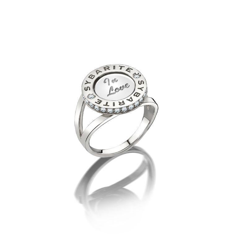 Round Cut Sybarite Smiley Ring In Love in White Gold With White Diamonds & Rubies For Sale