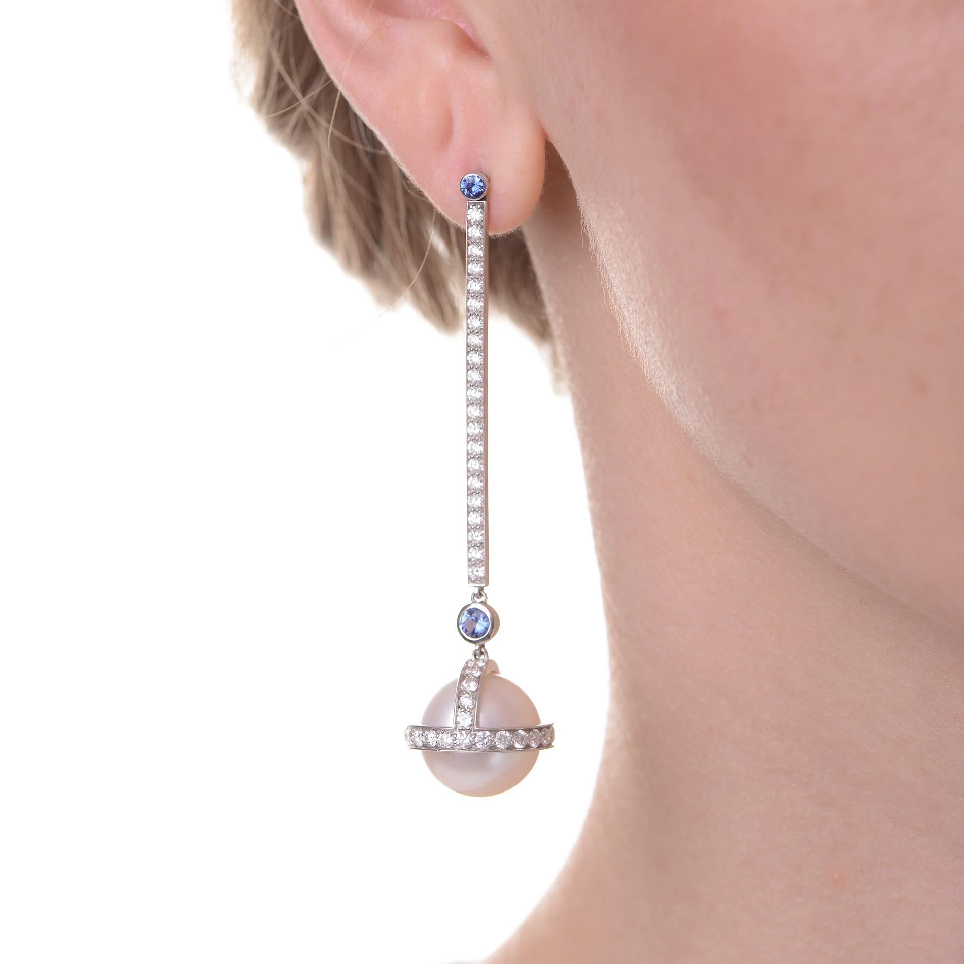 Contemporary Sybarite Sceptre Drop Earrings in White Gold with White Diamonds & Sapphire